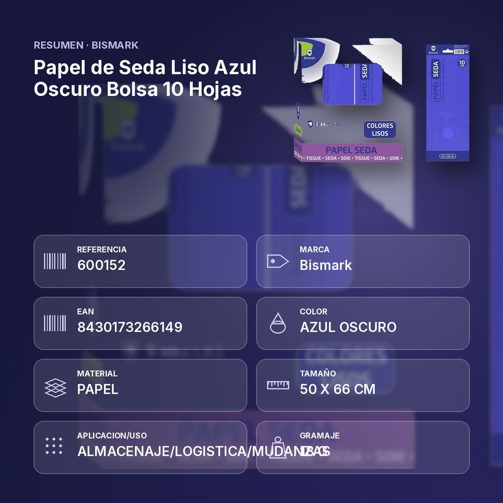 PAPEL DE SEDA LISO AZUL OSCURO BOLSA 10 HOJAS - resumen de atributos