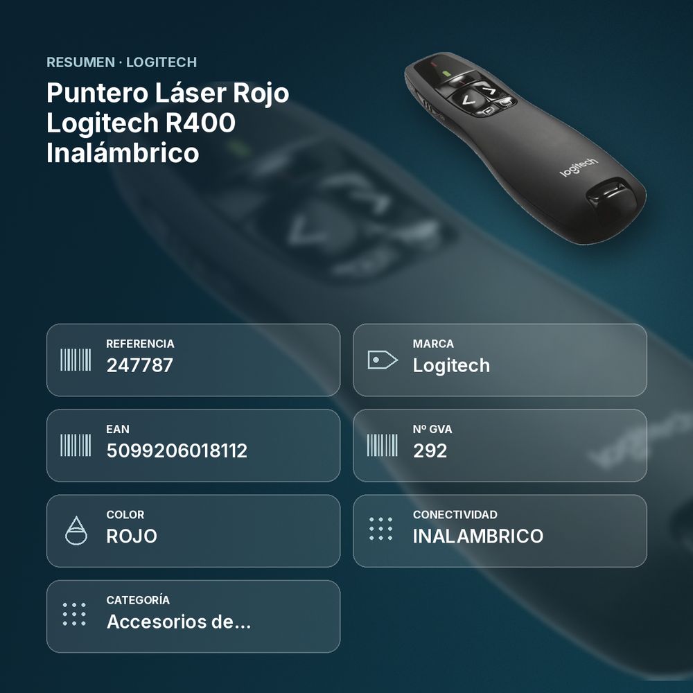 PUNTERO LÁSER ROJO LOGITECH R400 INALÁMBRICO - resumen de atributos