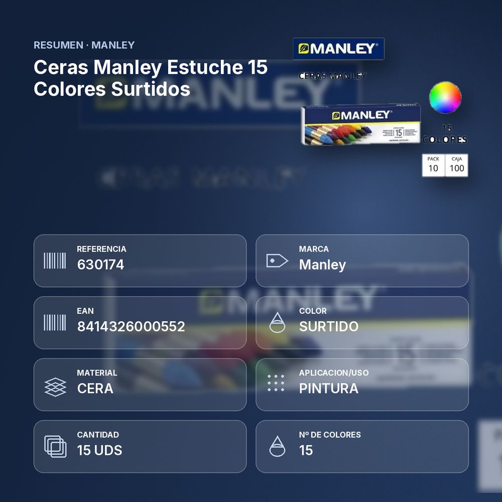 CERAS MANLEY ESTUCHE 15 COLORES SURTIDOS  - resumen de atributos