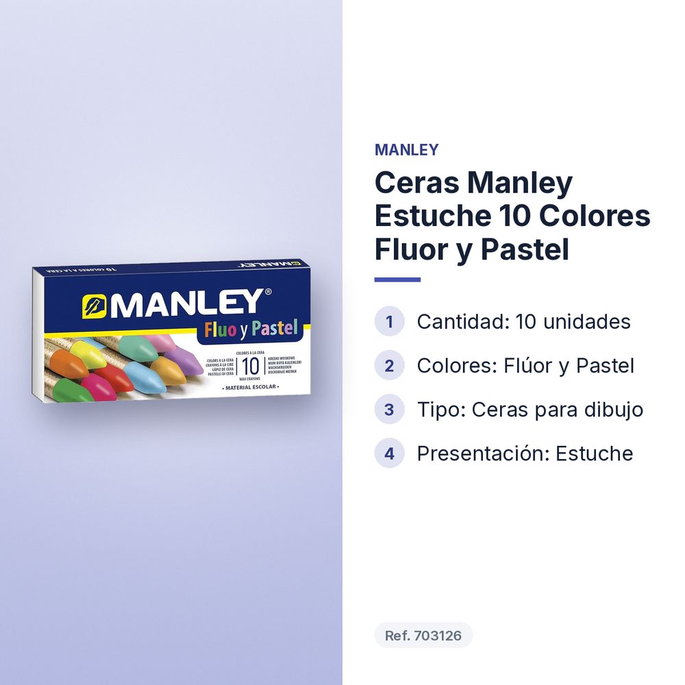 CERAS MANLEY ESTUCHE 10 COLORES FLUOR Y PASTEL - características principales