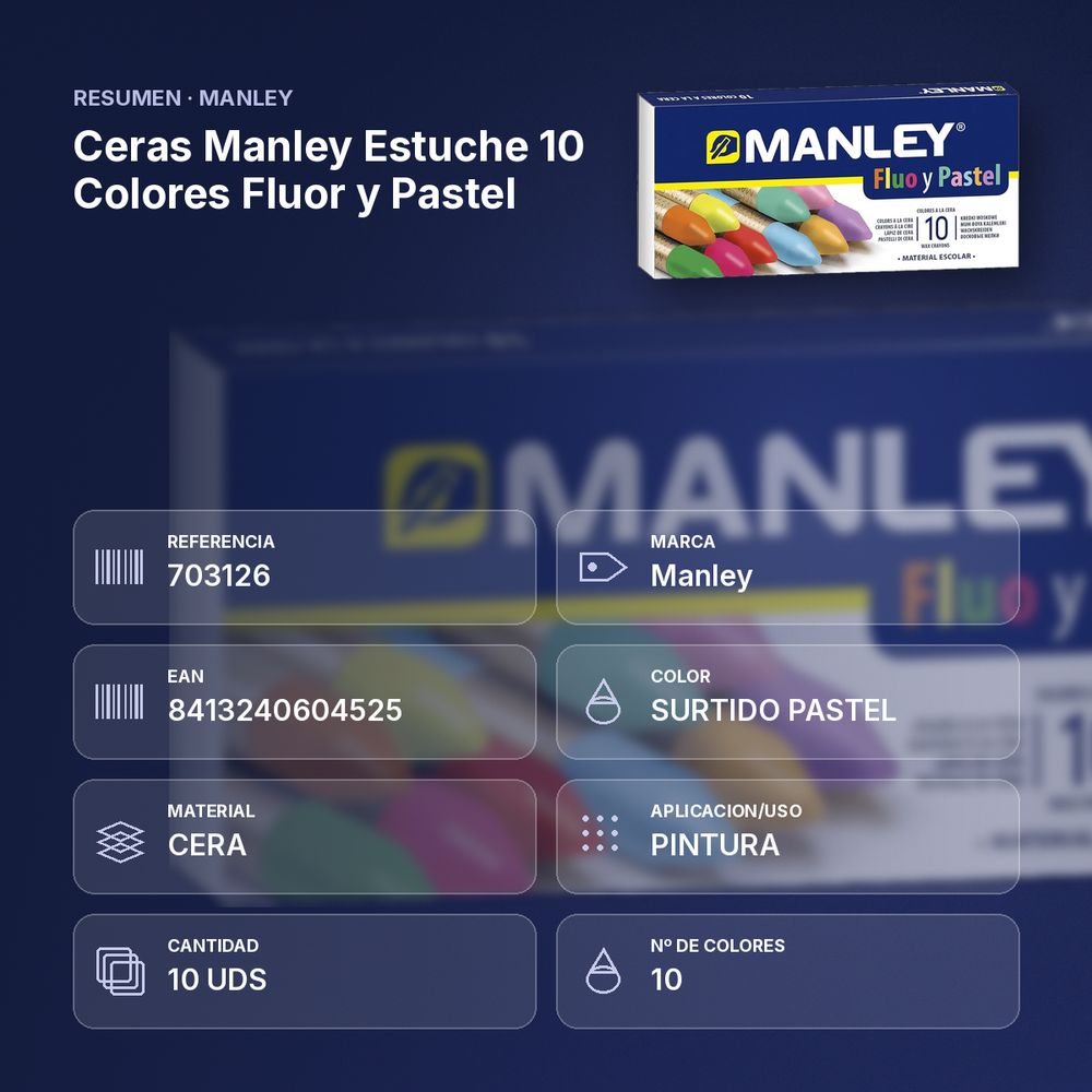 CERAS MANLEY ESTUCHE 10 COLORES FLUOR Y PASTEL - resumen de atributos