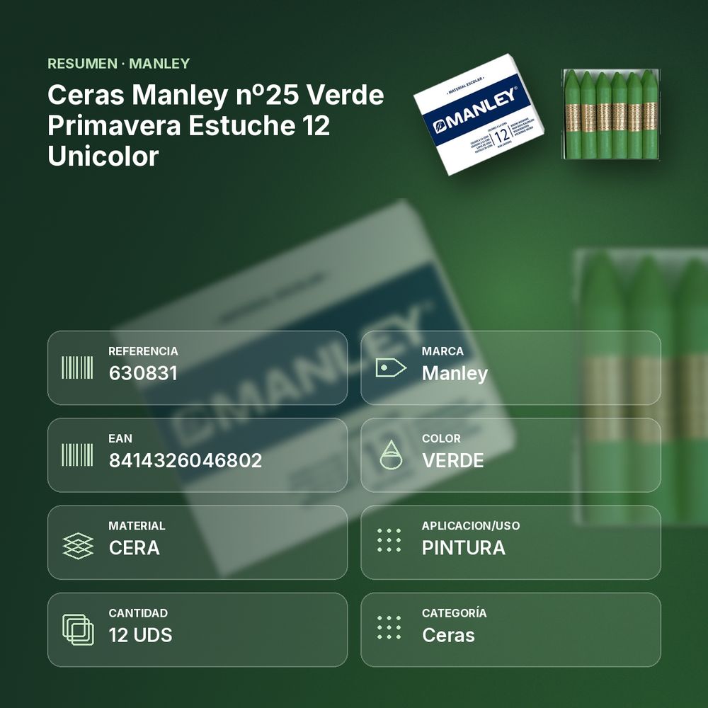 CERAS MANLEY Nº25 VERDE PRIMAVERA ESTUCHE 12 UNICOLOR - resumen de atributos