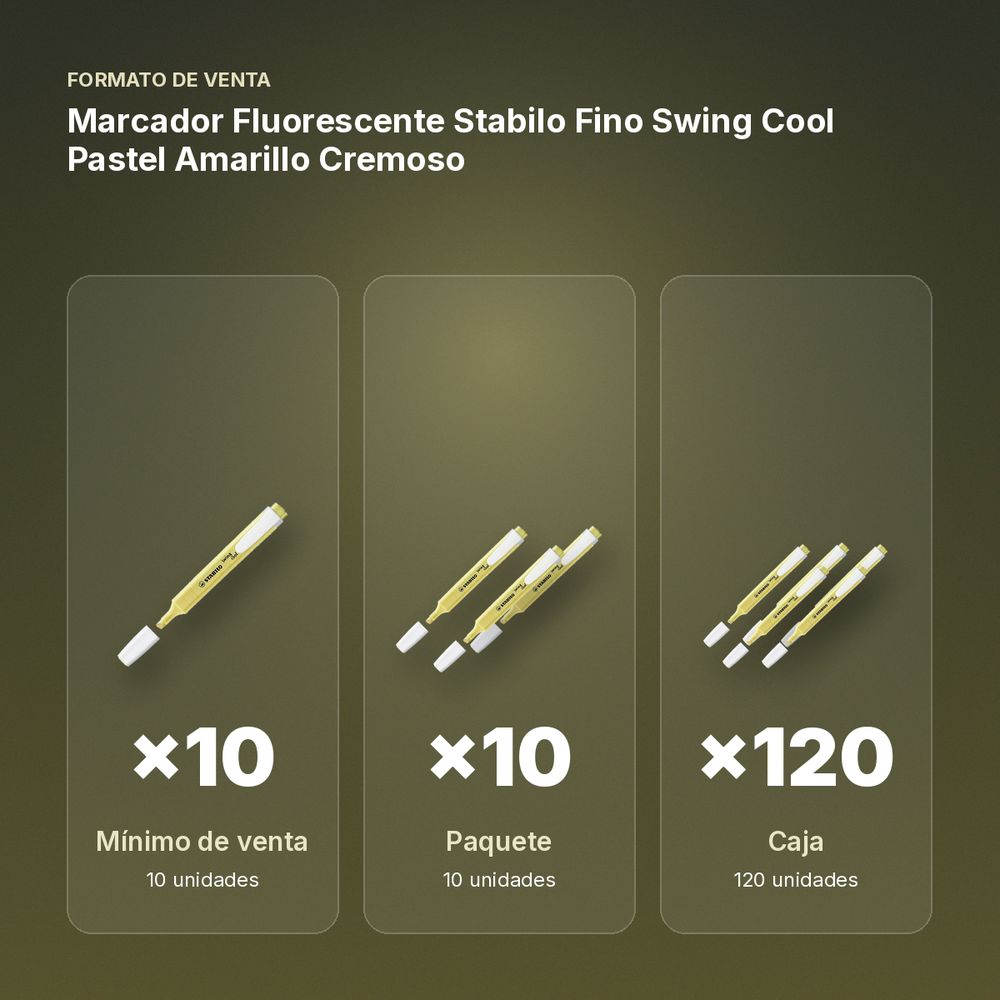 MARCADOR FLUORESCENTE STABILO FINO SWING COOL PASTEL AMARILLO CREMOSO - formato de venta: paquete de 10, caja de 120