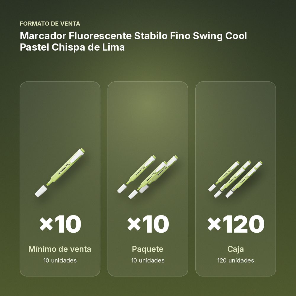 MARCADOR FLUORESCENTE STABILO FINO SWING COOL PASTEL CHISPA DE LIMA - formato de venta: paquete de 10, caja de 120