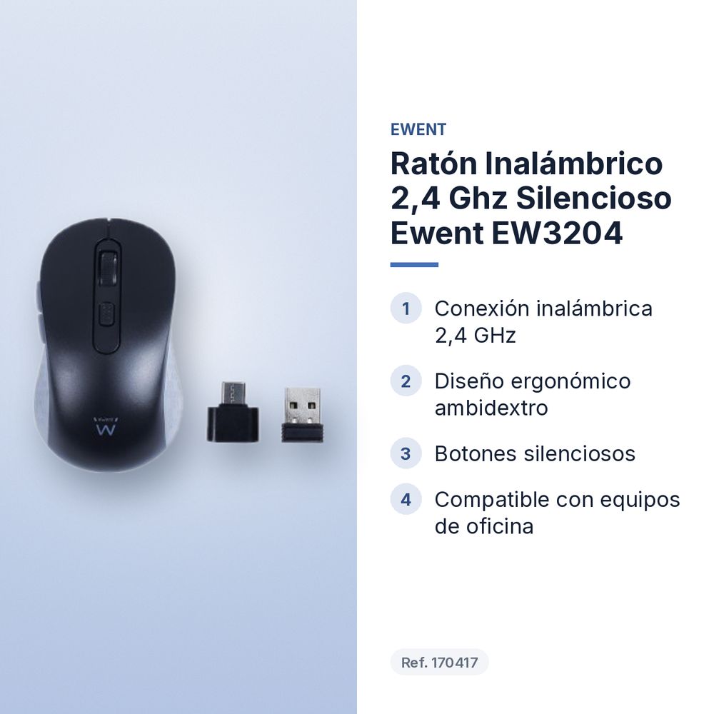 RATÓN INALÁMBRICO 2,4 GHZ SILENCIOSO EWENT EW3204 - características principales