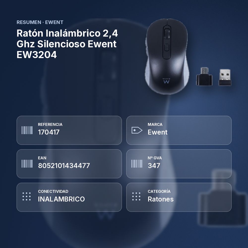 RATÓN INALÁMBRICO 2,4 GHZ SILENCIOSO EWENT EW3204 - resumen de atributos