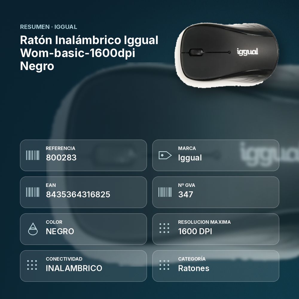 RATÓN INALÁMBRICO IGGUAL WOM-BASIC-1600DPI NEGRO - resumen de atributos