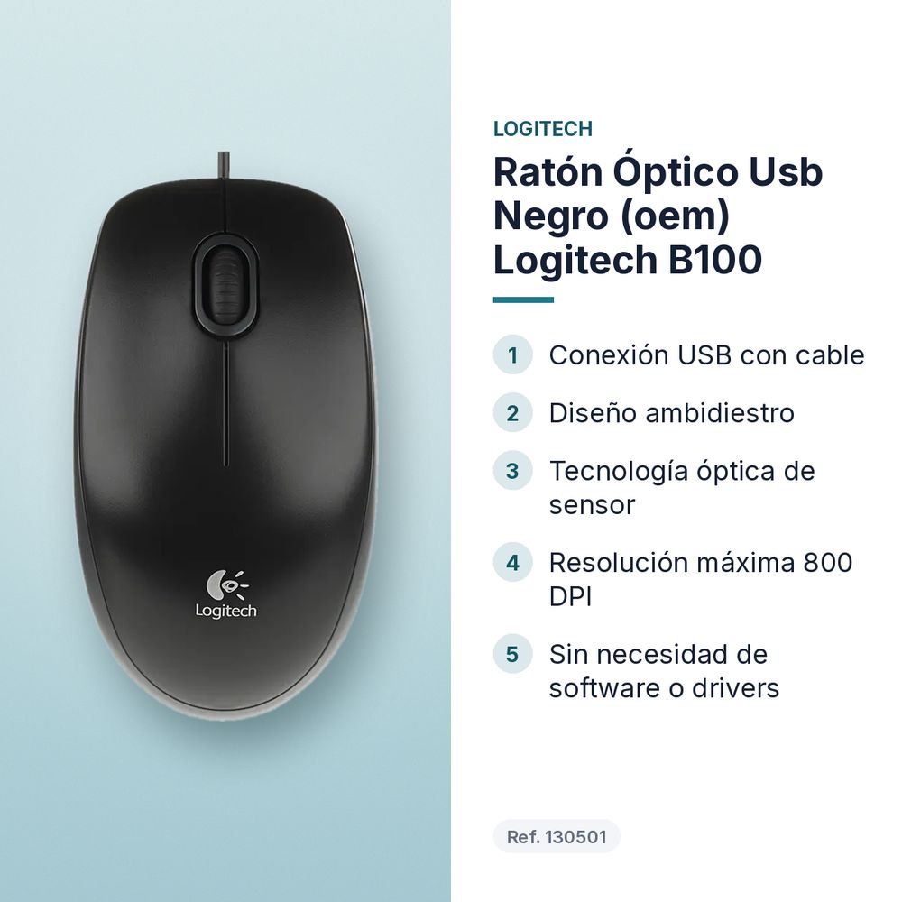 RATÓN ÓPTICO USB NEGRO (OEM) LOGITECH B100 - características principales