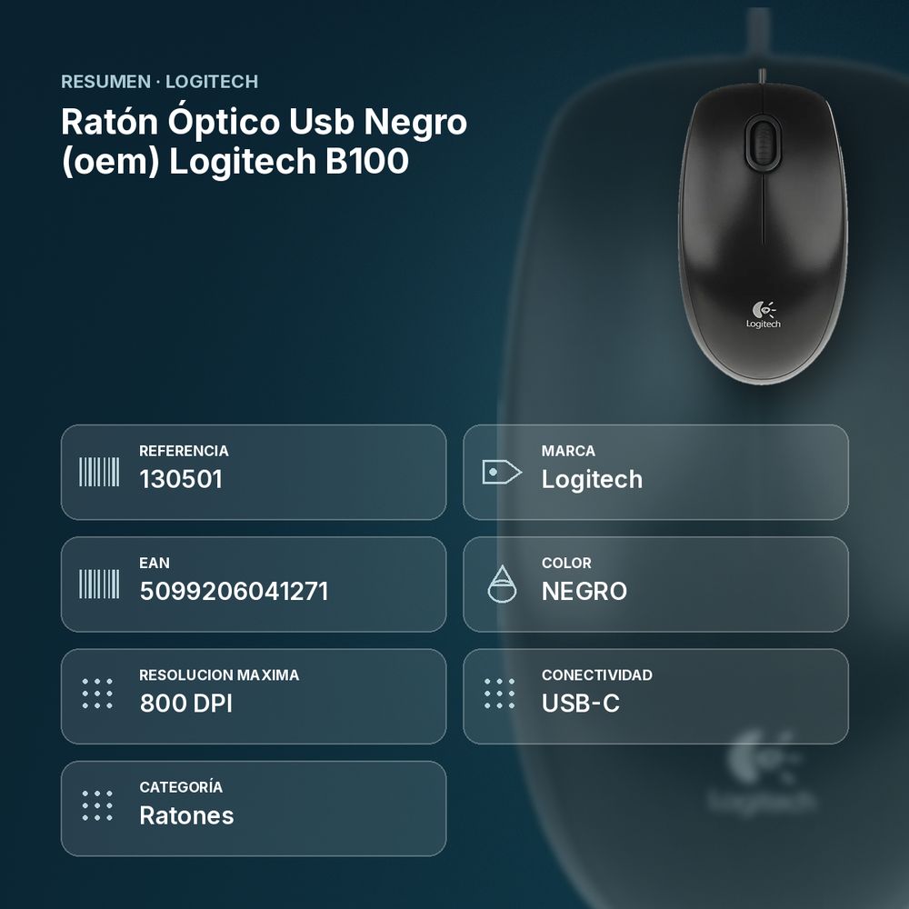 RATÓN ÓPTICO USB NEGRO (OEM) LOGITECH B100 - resumen de atributos