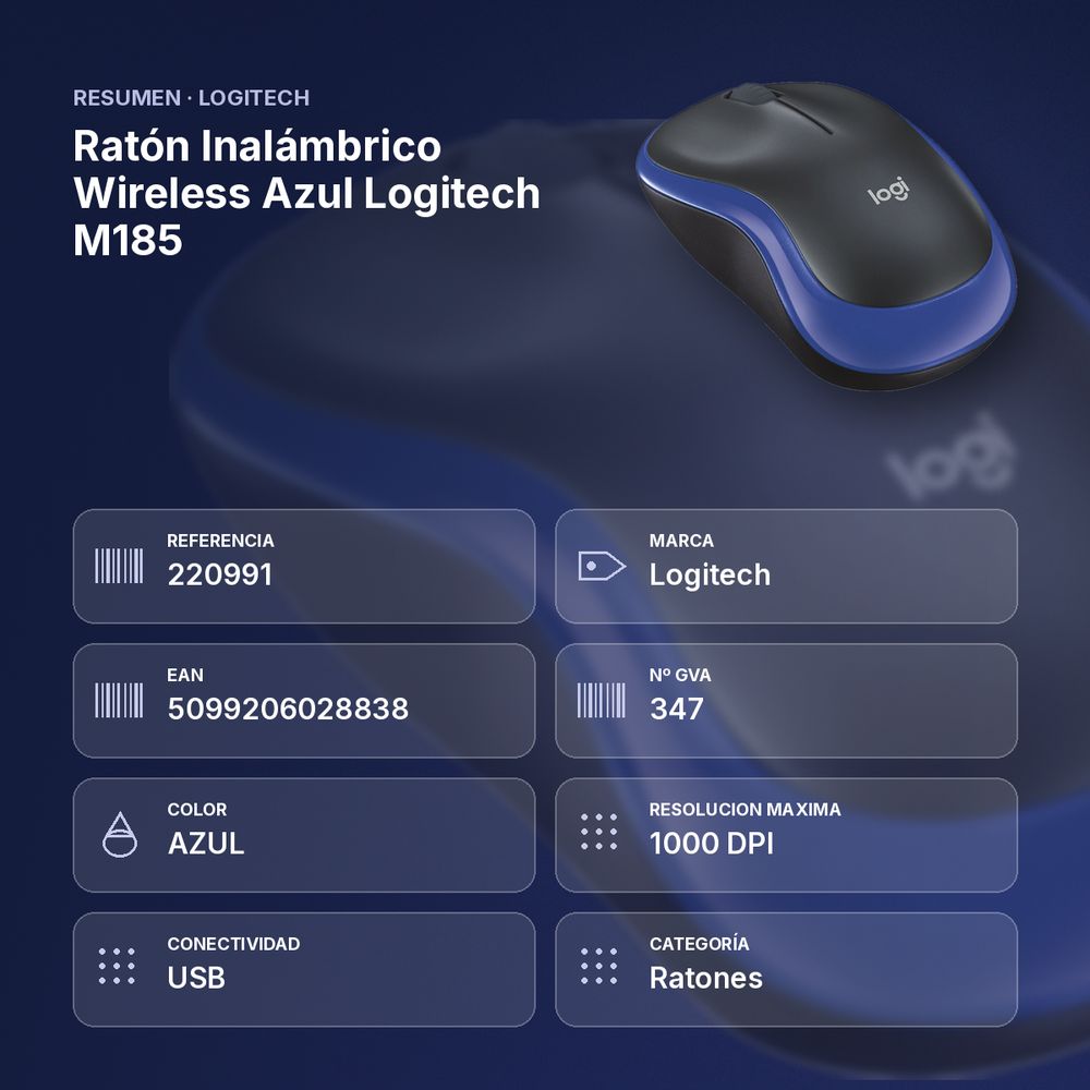 RATÓN INALÁMBRICO WIRELESS AZUL LOGITECH M185 - resumen de atributos