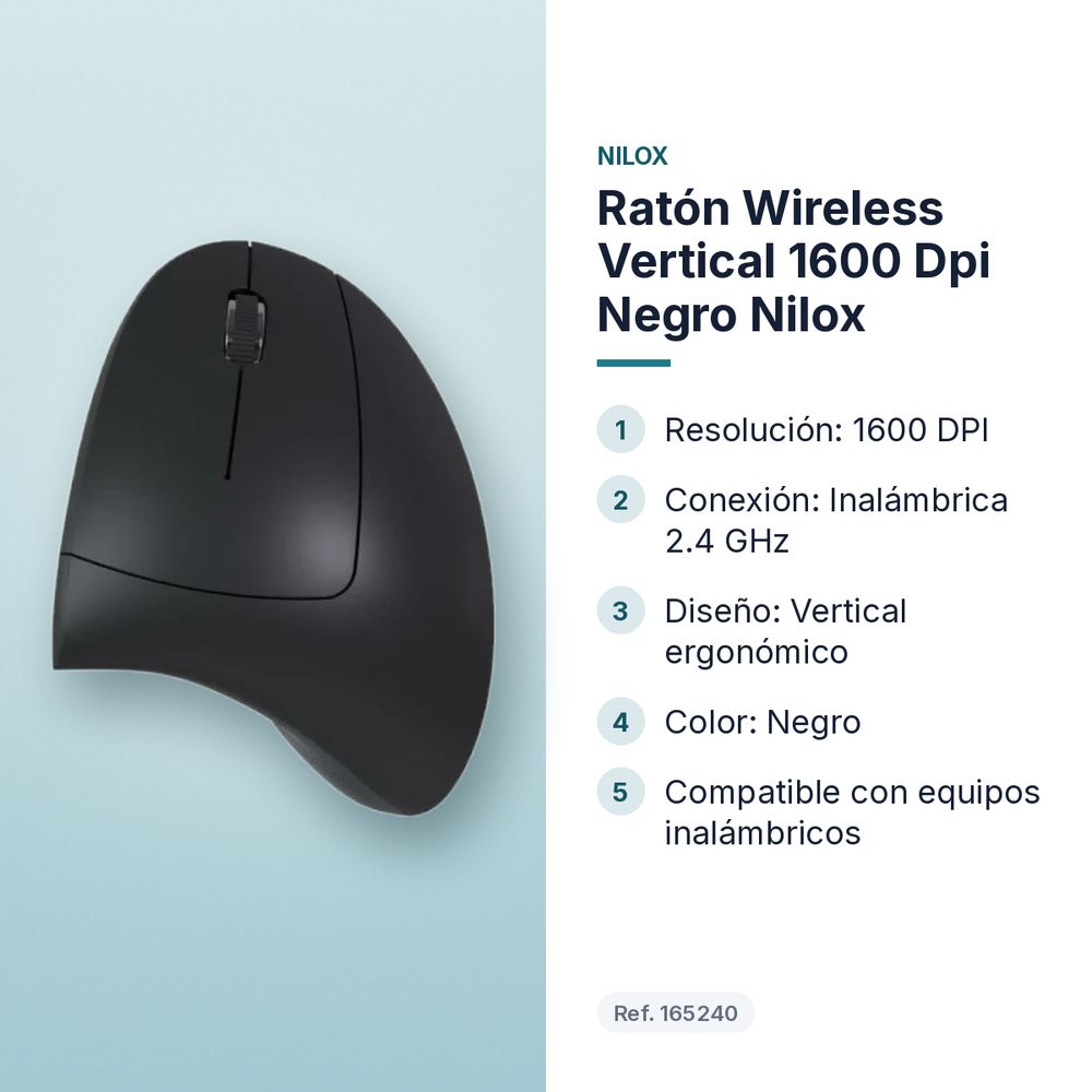 RATÓN WIRELESS VERTICAL 1600 DPI NEGRO NILOX - características principales