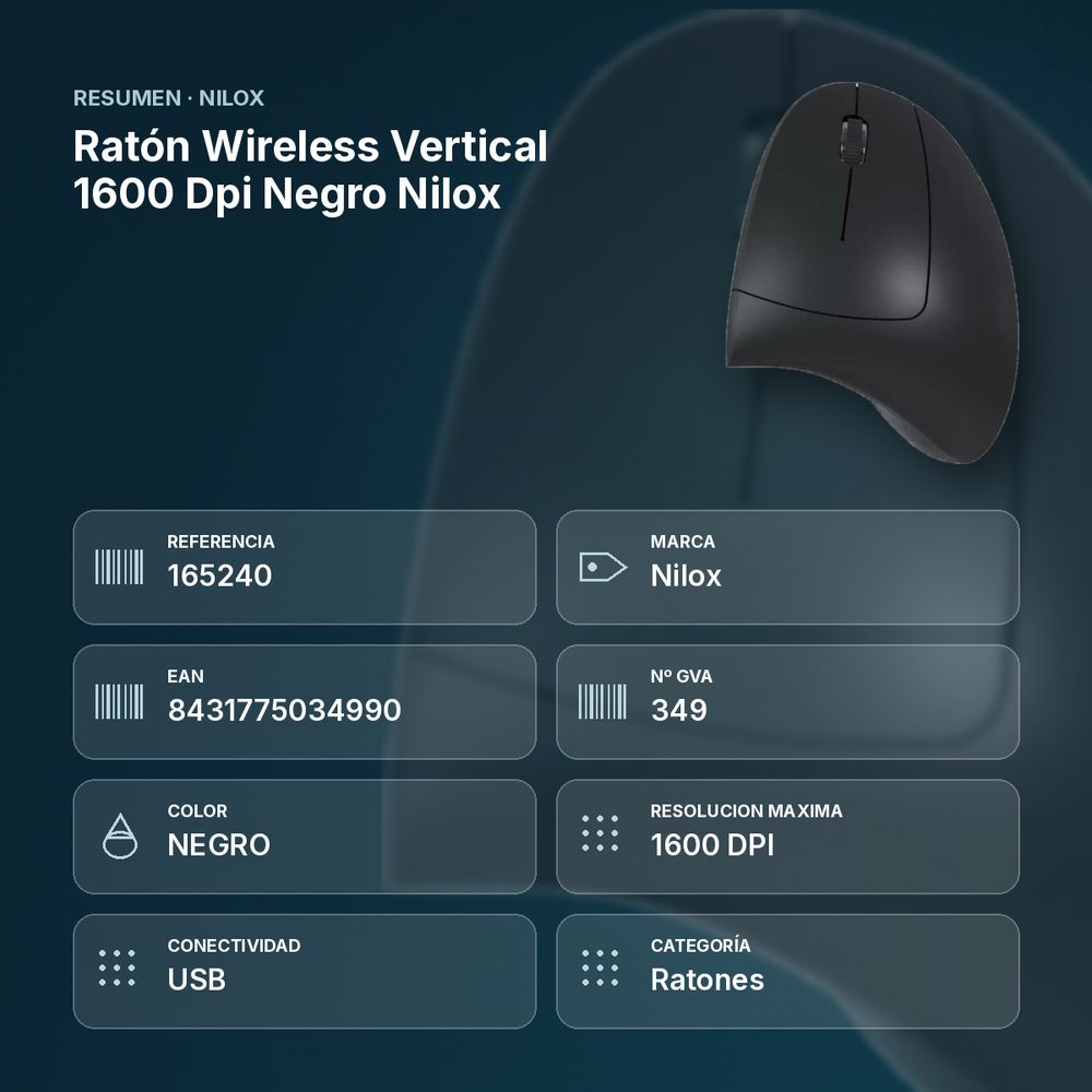 RATÓN WIRELESS VERTICAL 1600 DPI NEGRO NILOX - resumen de atributos