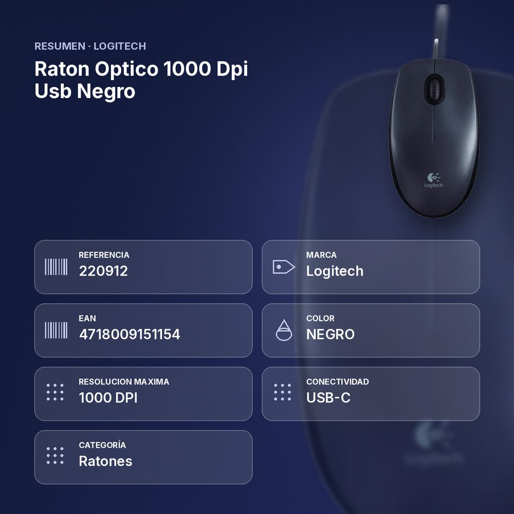 RATON OPTICO 1000 DPI USB NEGRO - resumen de atributos