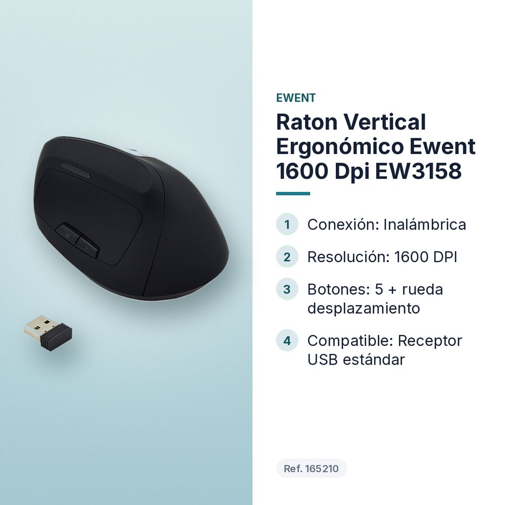RATON VERTICAL ERGONÓMICO EWENT 1600 DPI EW3158 - características principales