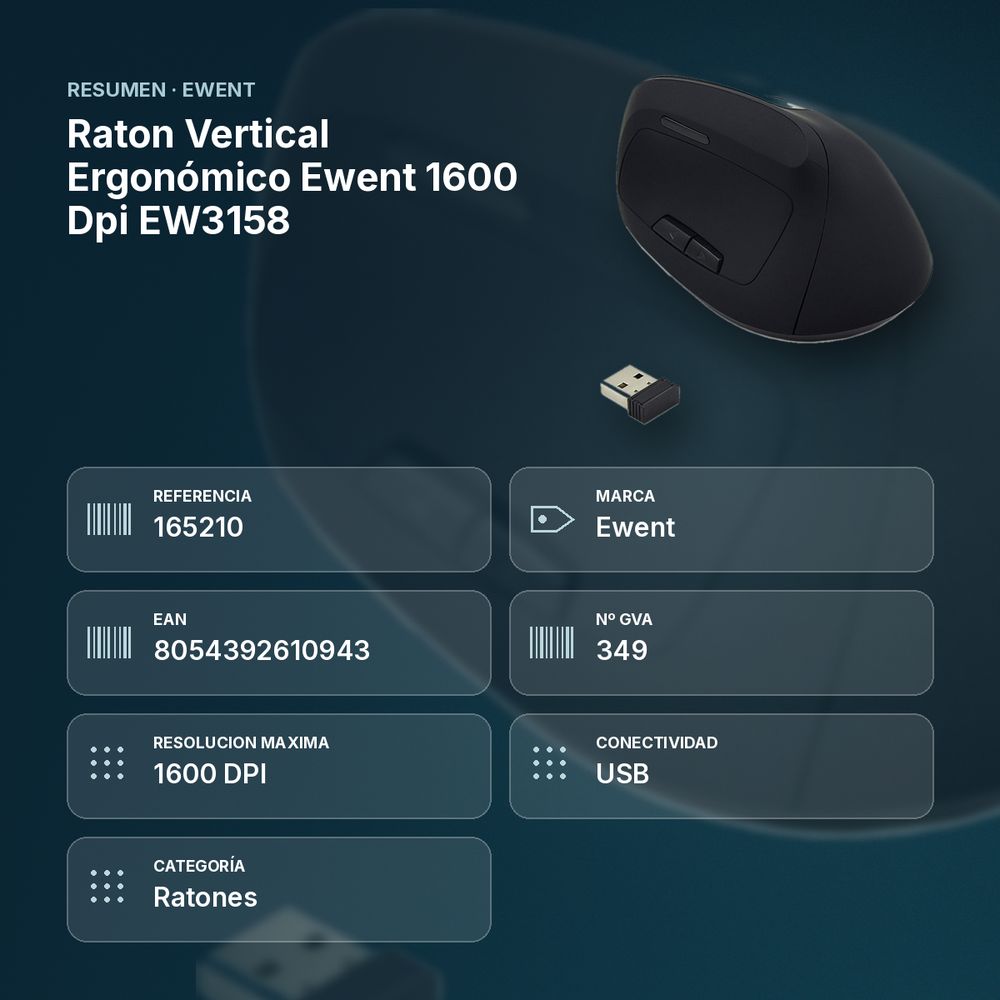 RATON VERTICAL ERGONÓMICO EWENT 1600 DPI EW3158 - resumen de atributos