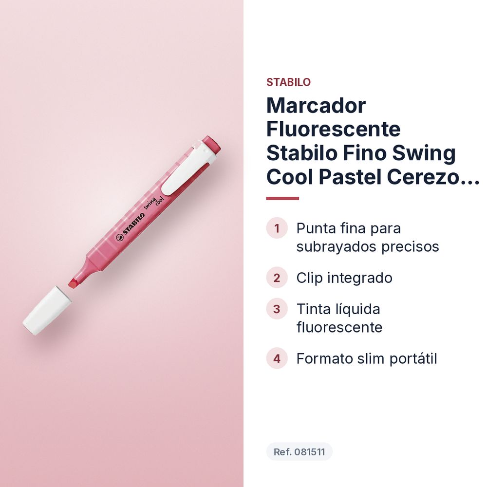 MARCADOR FLUORESCENTE STABILO FINO SWING COOL PASTEL CEREZO EN FLOR - características principales