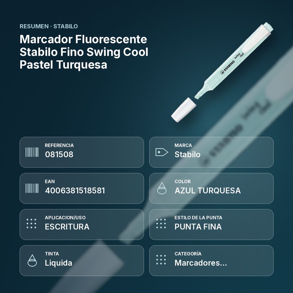 MARCADOR FLUORESCENTE STABILO FINO SWING COOL PASTEL TURQUESA - resumen de atributos