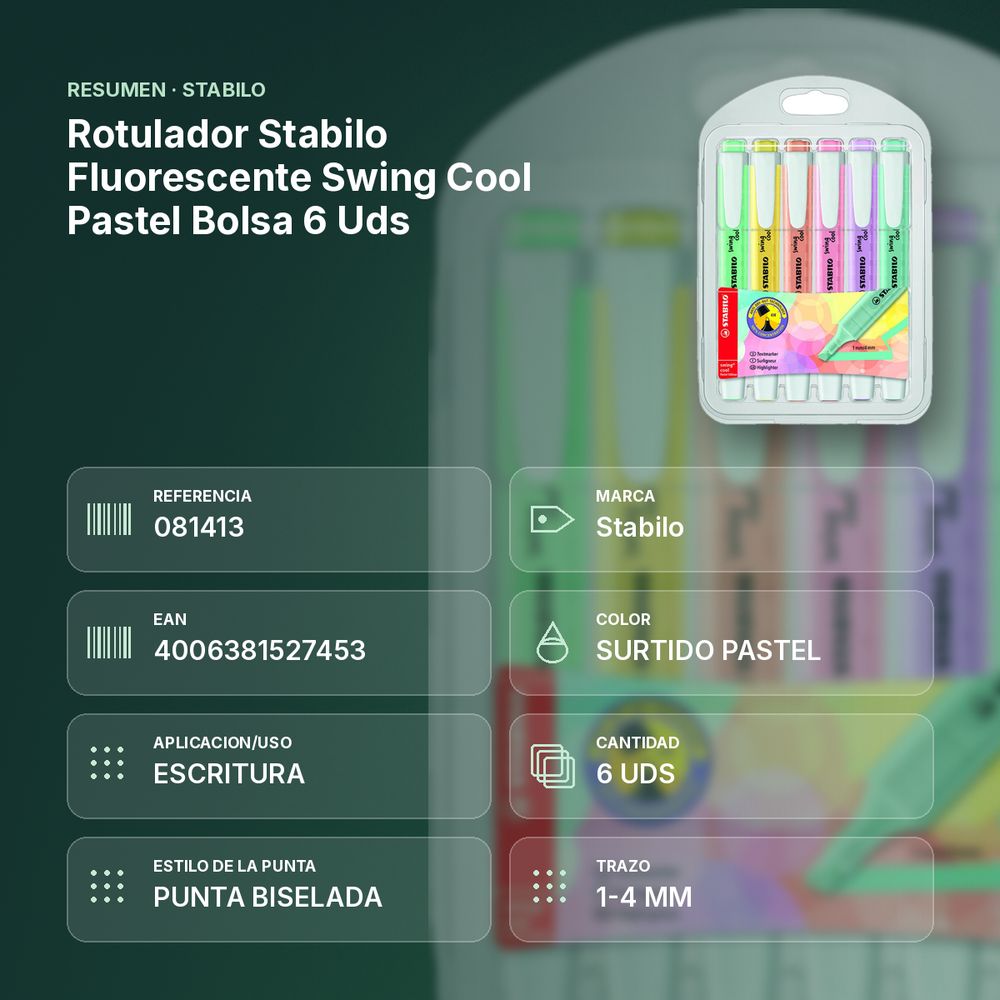 ROTULADOR STABILO FLUORESCENTE SWING COOL PASTEL BOLSA 6 UDS - resumen de atributos