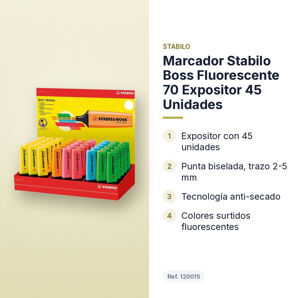 MARCADOR STABILO BOSS FLUORESCENTE 70 EXPOSITOR 45 UNIDADES - características principales
