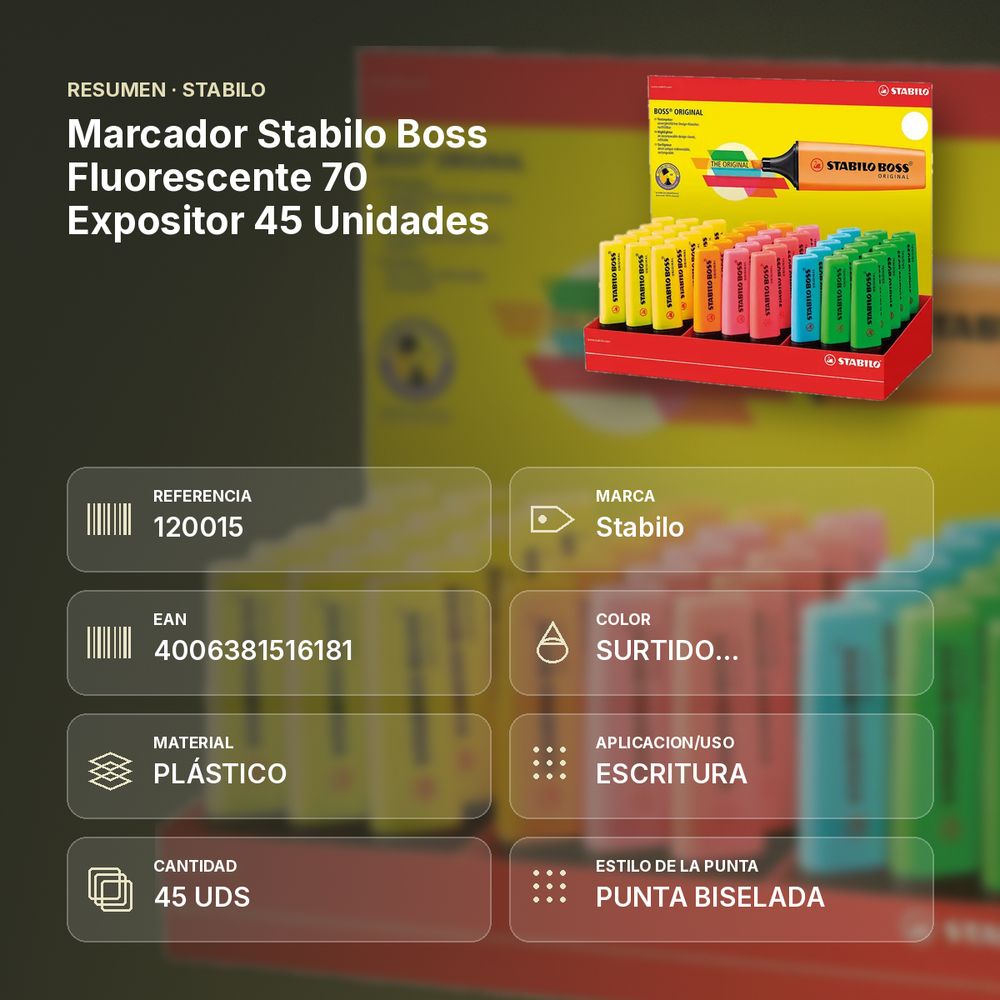 MARCADOR STABILO BOSS FLUORESCENTE 70 EXPOSITOR 45 UNIDADES - resumen de atributos