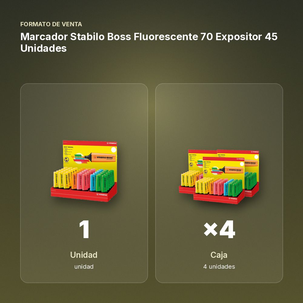 MARCADOR STABILO BOSS FLUORESCENTE 70 EXPOSITOR 45 UNIDADES - formato de venta: caja de 4