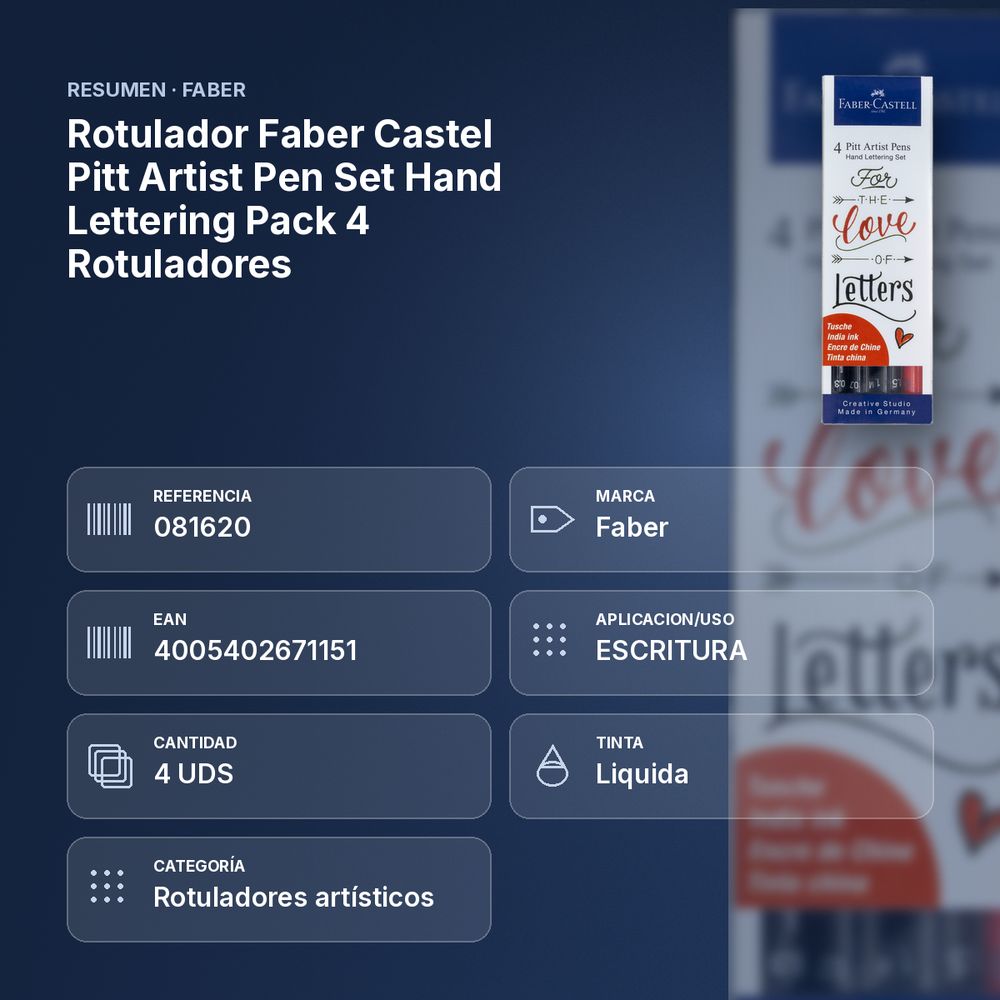 ROTULADOR FABER CASTEL PITT ARTIST PEN SET HAND LETTERING PACK 4 ROTULADORES - resumen de atributos