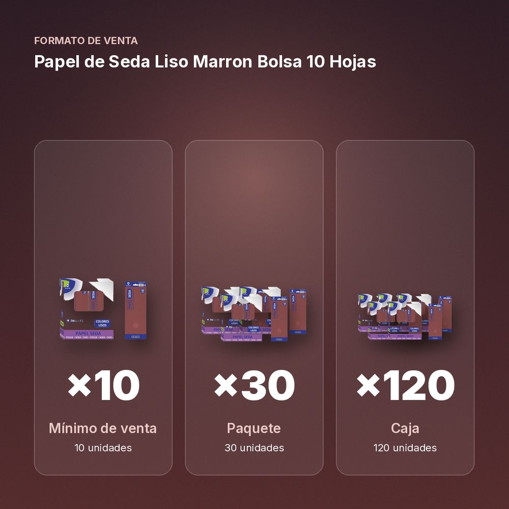 PAPEL DE SEDA LISO MARRON BOLSA 10 HOJAS - formato de venta: paquete de 30, caja de 120
