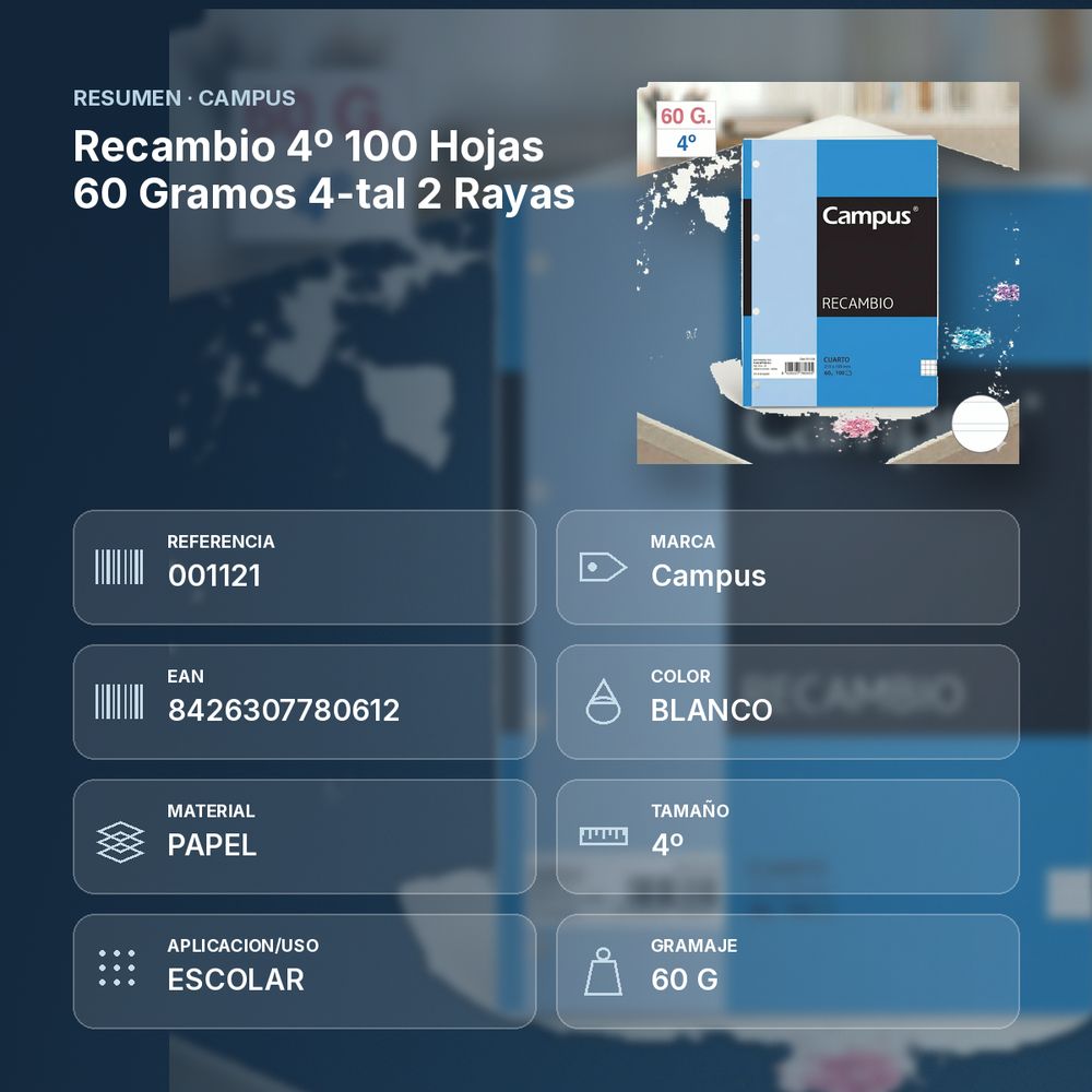 RECAMBIO 4º 100 HOJAS 60 GRAMOS 4-TAL 2 RAYAS - resumen de atributos