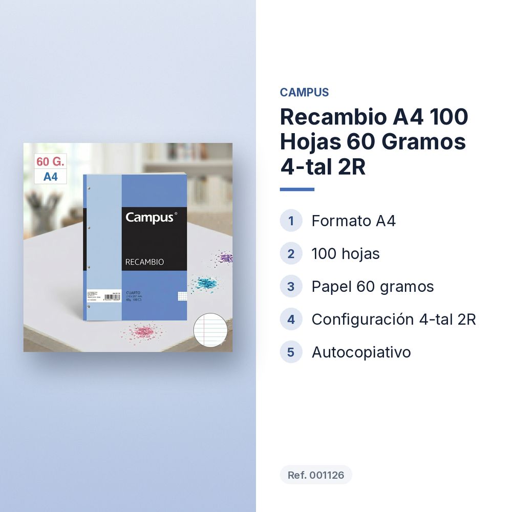 RECAMBIO A4 100 HOJAS 60 GRAMOS 4-TAL 2R - características principales