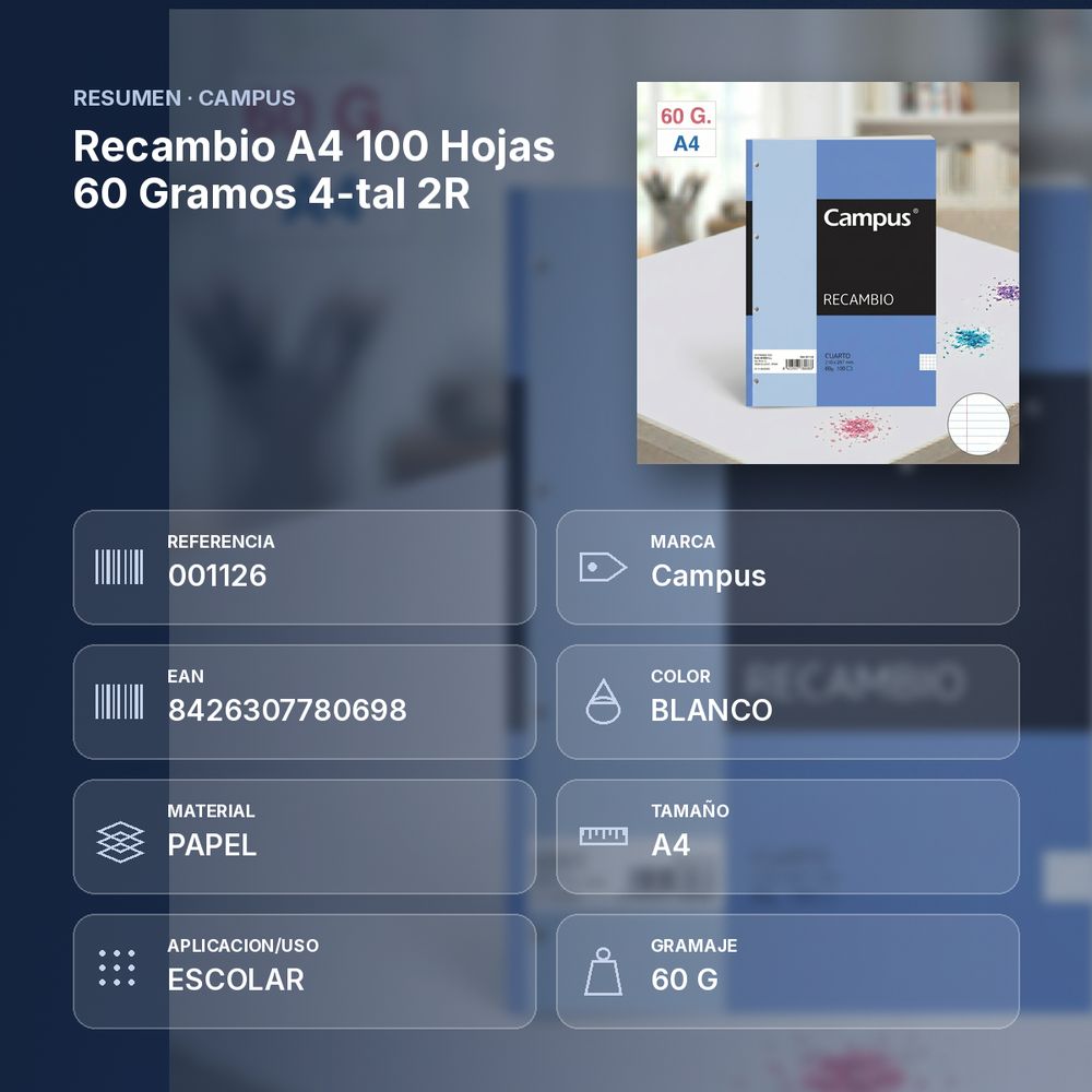 RECAMBIO A4 100 HOJAS 60 GRAMOS 4-TAL 2R - resumen de atributos