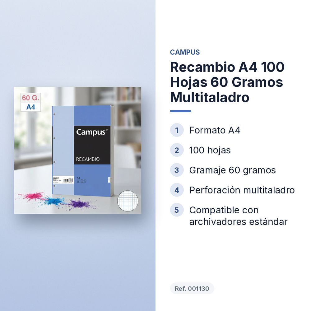 RECAMBIO A4 100 HOJAS 60 GRAMOS MULTITALADRO - características principales