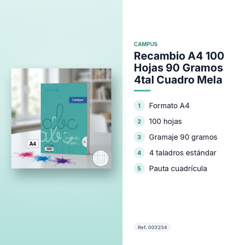 RECAMBIO A4 100 HOJAS 90 GRAMOS 4TAL CUADRO MELA - características principales