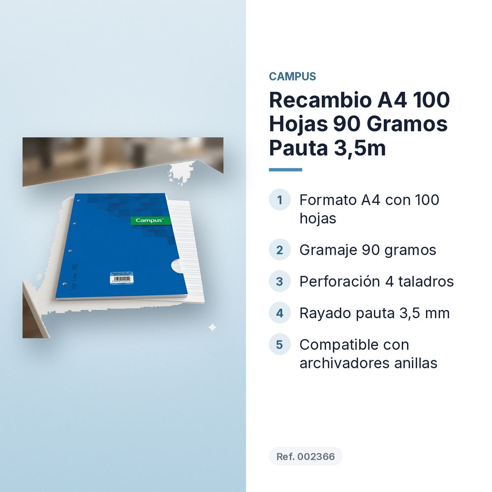 RECAMBIO A4 100 HOJAS  90 GRAMOS PAUTA 3,5M - características principales
