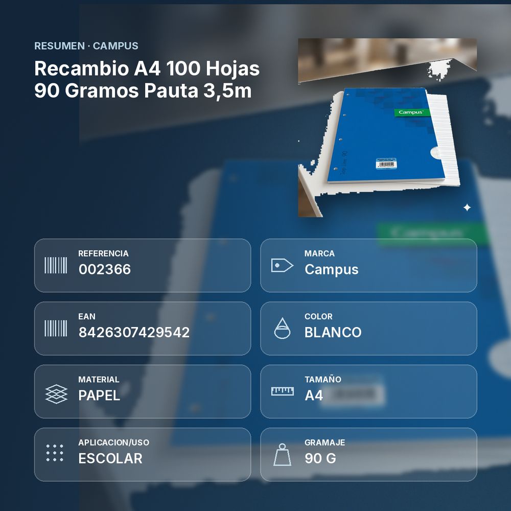 RECAMBIO A4 100 HOJAS  90 GRAMOS PAUTA 3,5M - resumen de atributos