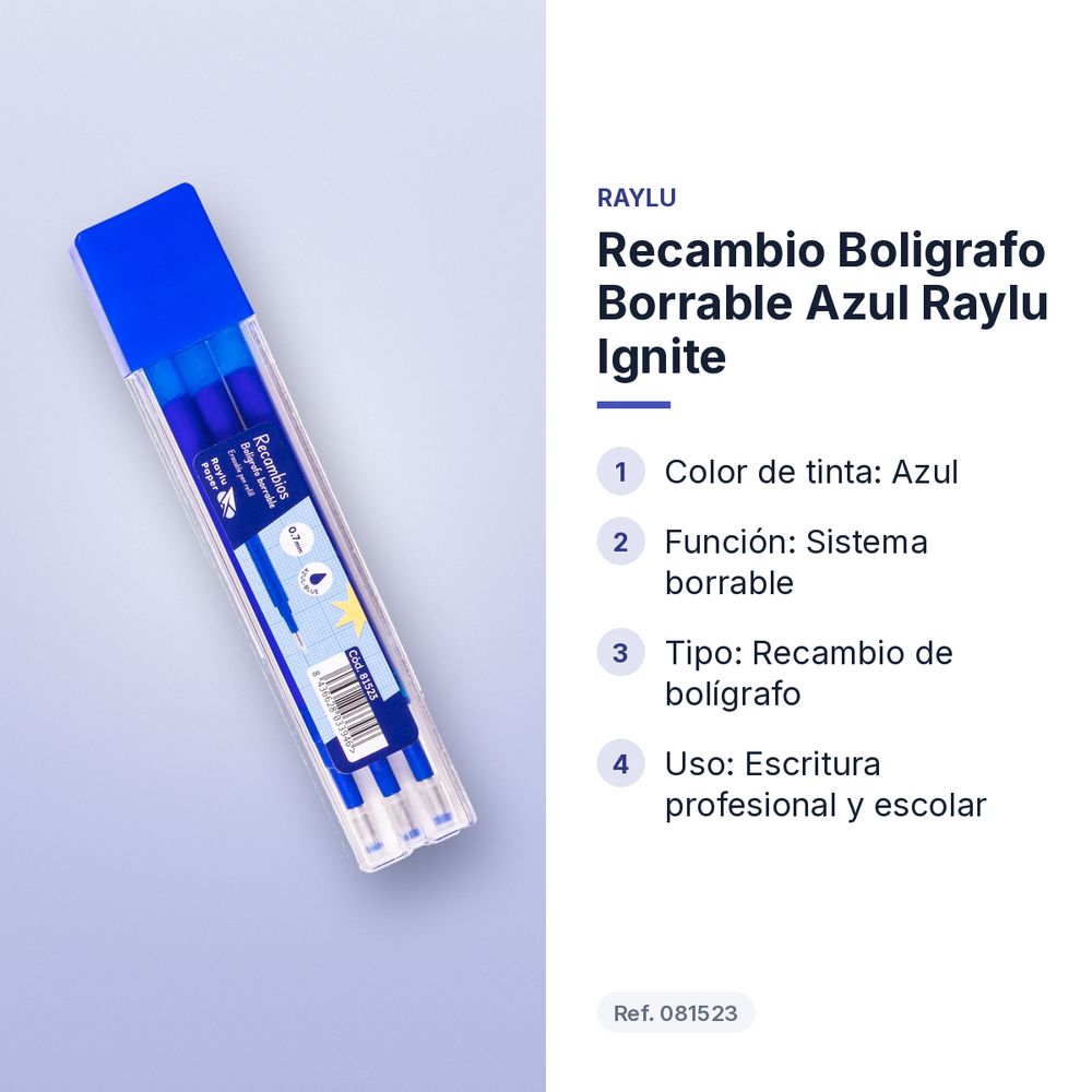 RECAMBIO BOLIGRAFO BORRABLE AZUL RAYLU IGNITE - características principales
