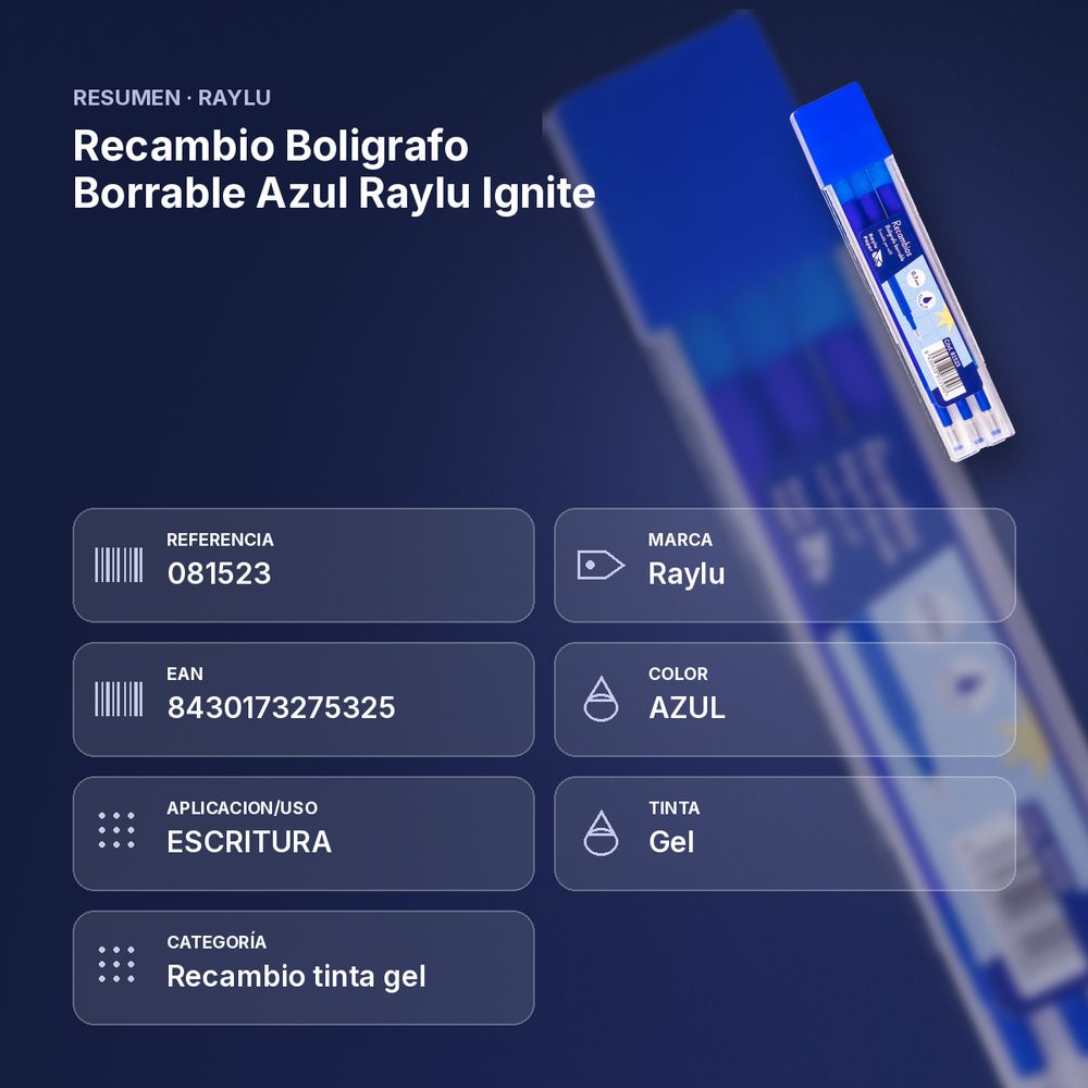 RECAMBIO BOLIGRAFO BORRABLE AZUL RAYLU IGNITE - resumen de atributos