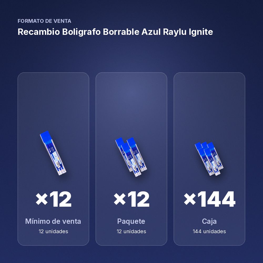 RECAMBIO BOLIGRAFO BORRABLE AZUL RAYLU IGNITE - formato de venta: paquete de 12, caja de 144