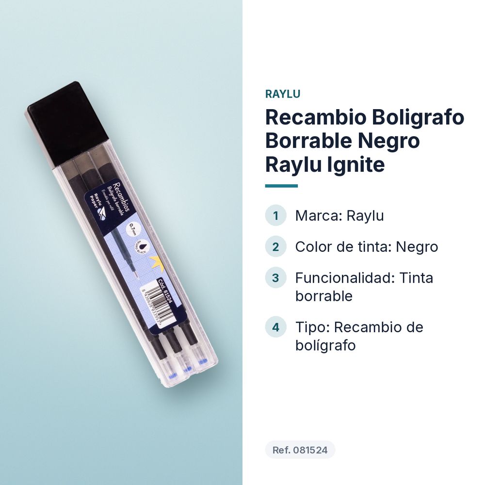 RECAMBIO BOLIGRAFO BORRABLE NEGRO RAYLU IGNITE - características principales