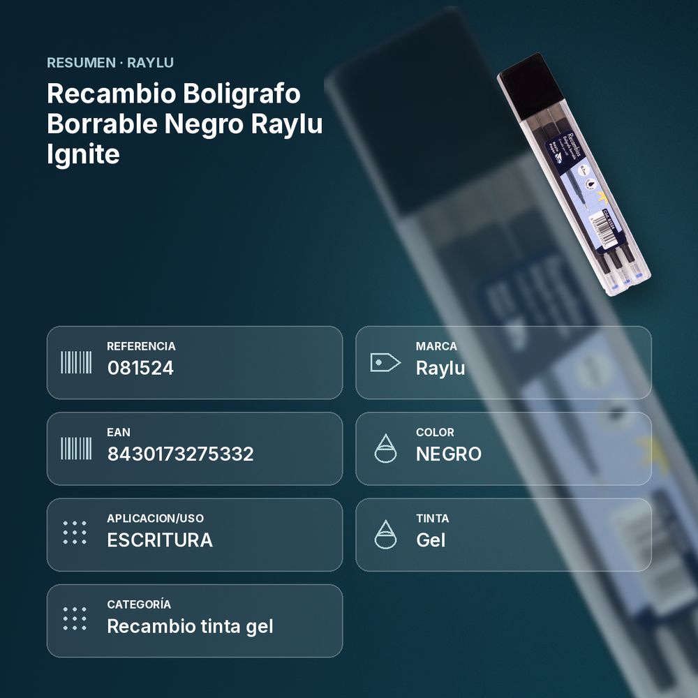 RECAMBIO BOLIGRAFO BORRABLE NEGRO RAYLU IGNITE - resumen de atributos