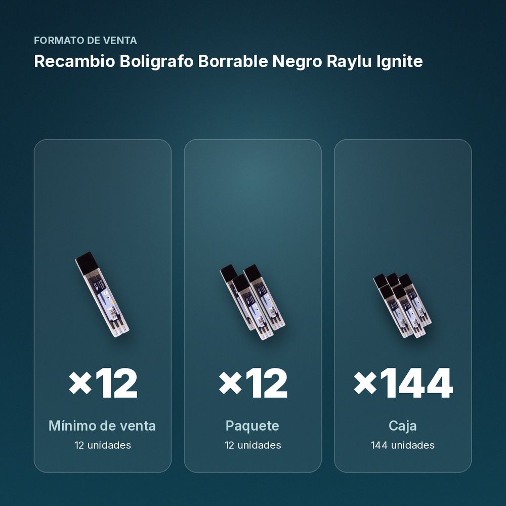 RECAMBIO BOLIGRAFO BORRABLE NEGRO RAYLU IGNITE - formato de venta: paquete de 12, caja de 144