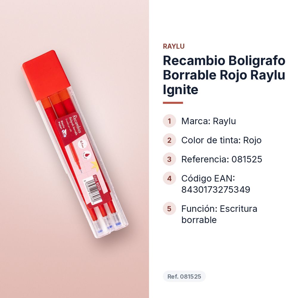 RECAMBIO BOLIGRAFO BORRABLE ROJO RAYLU IGNITE - características principales