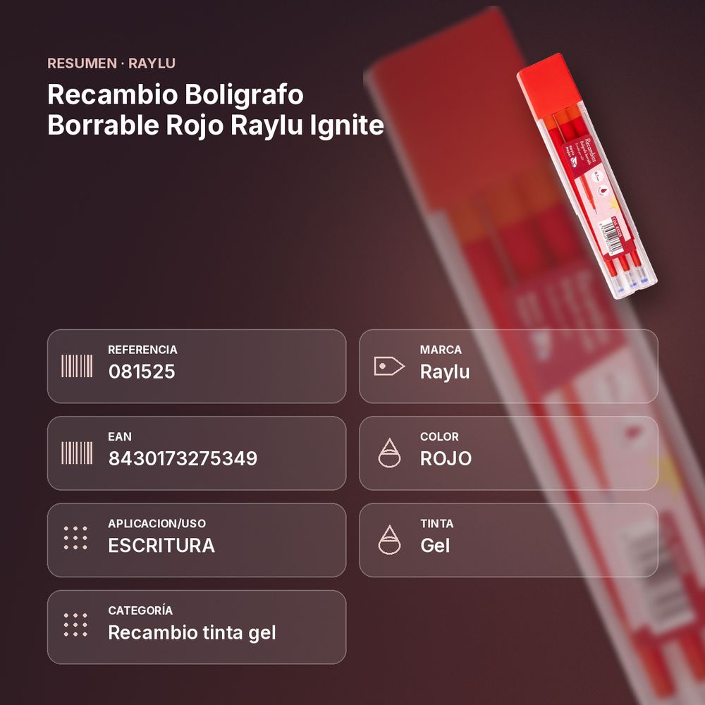 RECAMBIO BOLIGRAFO BORRABLE ROJO RAYLU IGNITE - resumen de atributos