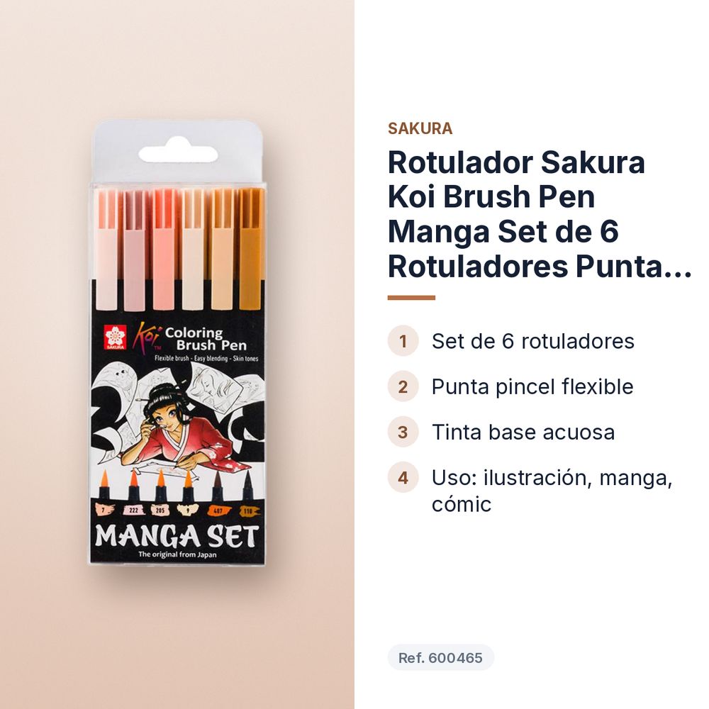 ROTULADOR SAKURA KOI BRUSH PEN MANGA SET DE 6 ROTULADORES PUNTA PINCEL - características principales