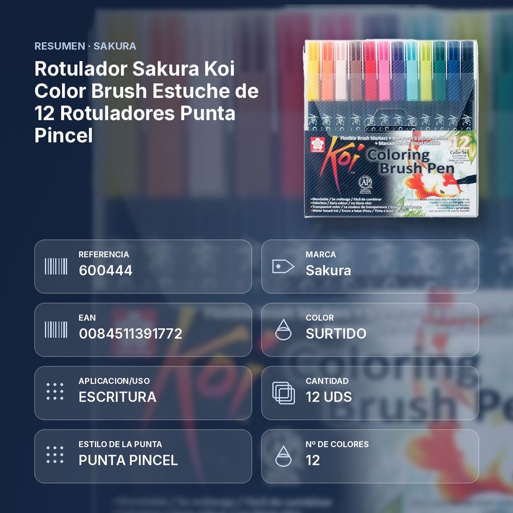 ROTULADOR SAKURA KOI COLOR BRUSH ESTUCHE DE 12 ROTULADORES PUNTA PINCEL - resumen de atributos