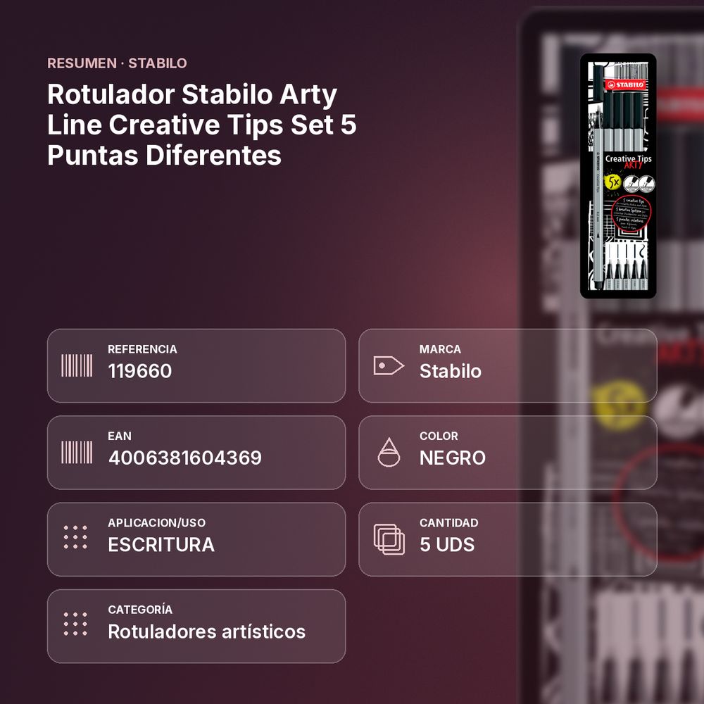 ROTULADOR STABILO ARTY LINE CREATIVE TIPS SET 5 PUNTAS DIFERENTES - resumen de atributos