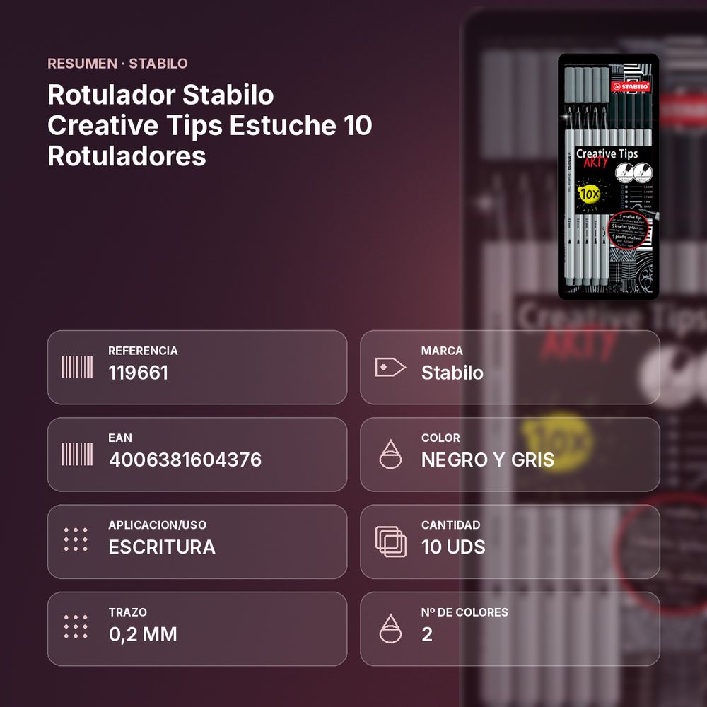 ROTULADOR STABILO CREATIVE TIPS ESTUCHE 10 ROTULADORES  - resumen de atributos