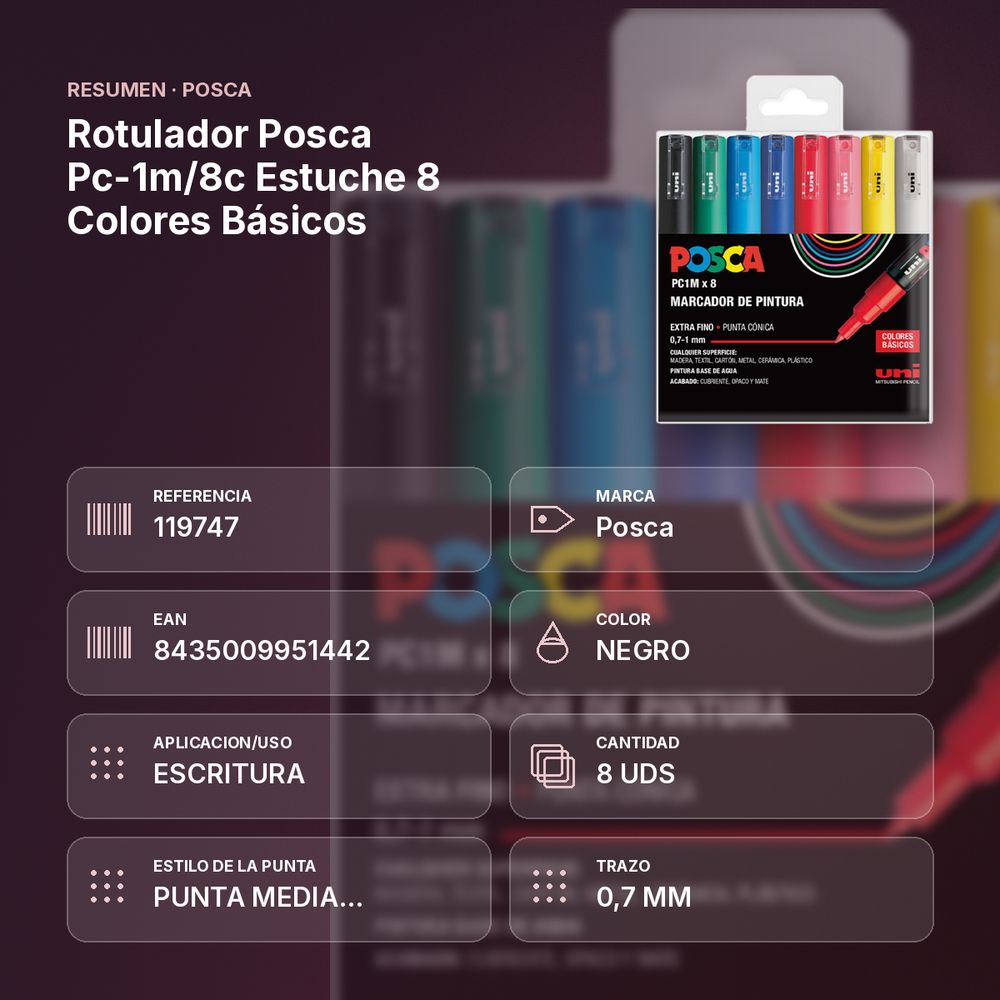 ROTULADOR POSCA PC-1M/8C ESTUCHE 8 COLORES BÁSICOS - resumen de atributos