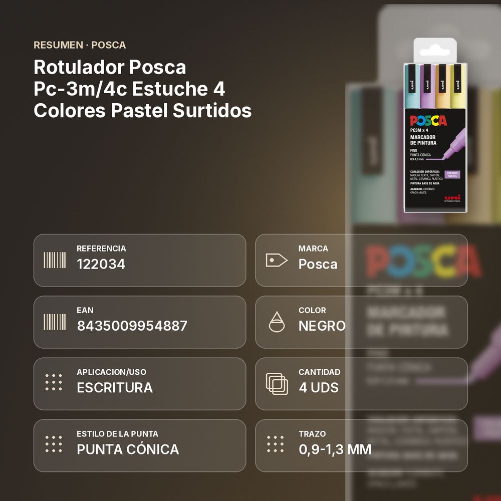 ROTULADOR POSCA PC-3M/4C ESTUCHE 4 COLORES PASTEL SURTIDOS - resumen de atributos