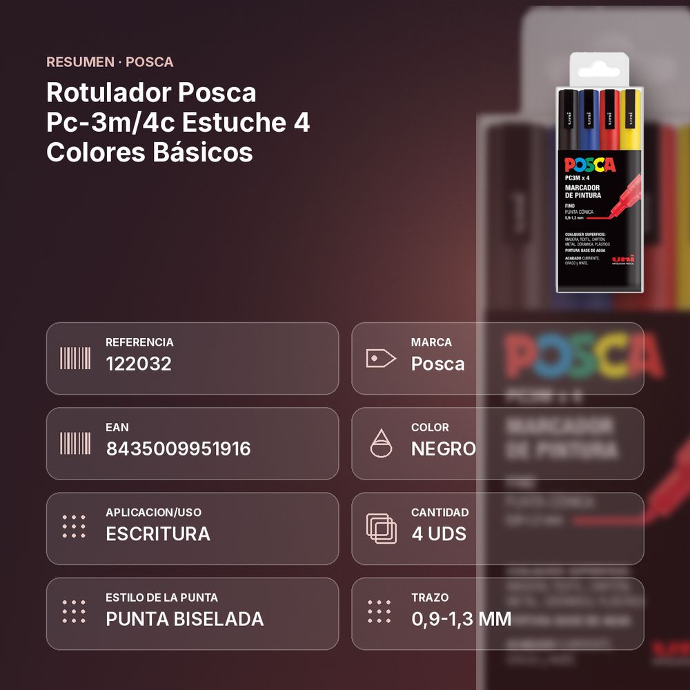 ROTULADOR POSCA PC-3M/4C ESTUCHE 4 COLORES BÁSICOS - resumen de atributos