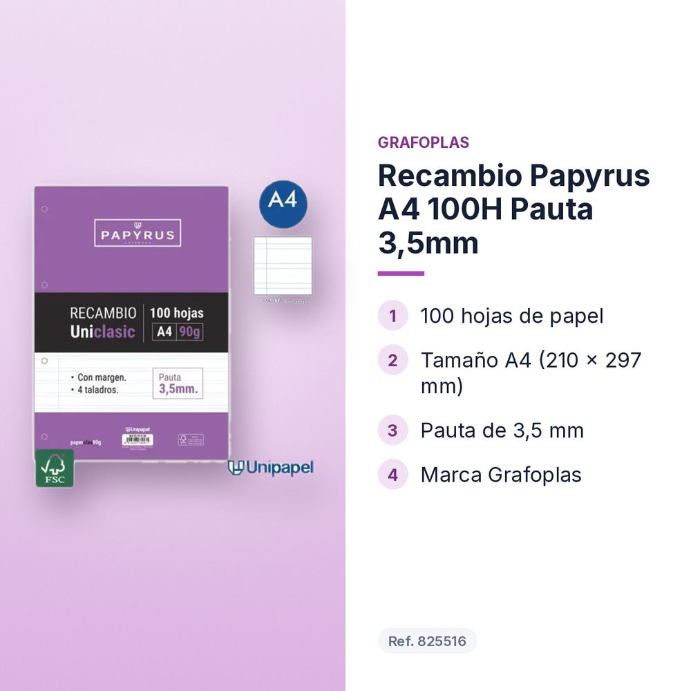 RECAMBIO PAPYRUS A4 100H PAUTA 3,5MM - características principales